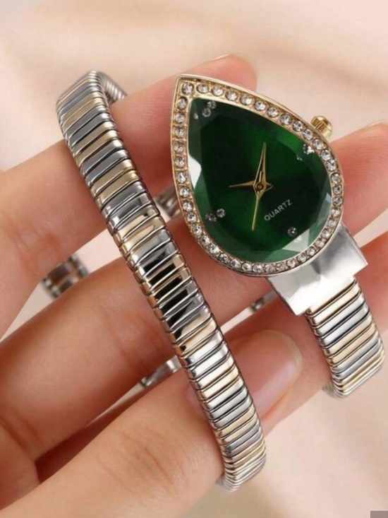 Luxury Green Crystal Snake Wrap Watch | Gold & Silver Two-Tone Bracelet Watch main image 5